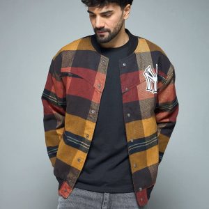 Red Checkered NY Monogram Flannel Bomber Jacket
