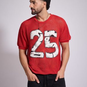 Red Knitted PU Applique Tshirt