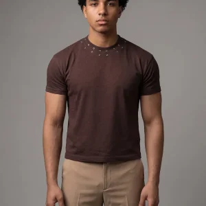 Brown Eyelet Detail Cropped Tshirt