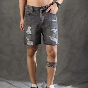 Grey Distressed Raw Edge Denim Shorts