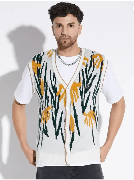 White Printed Sleeveless Cardigan